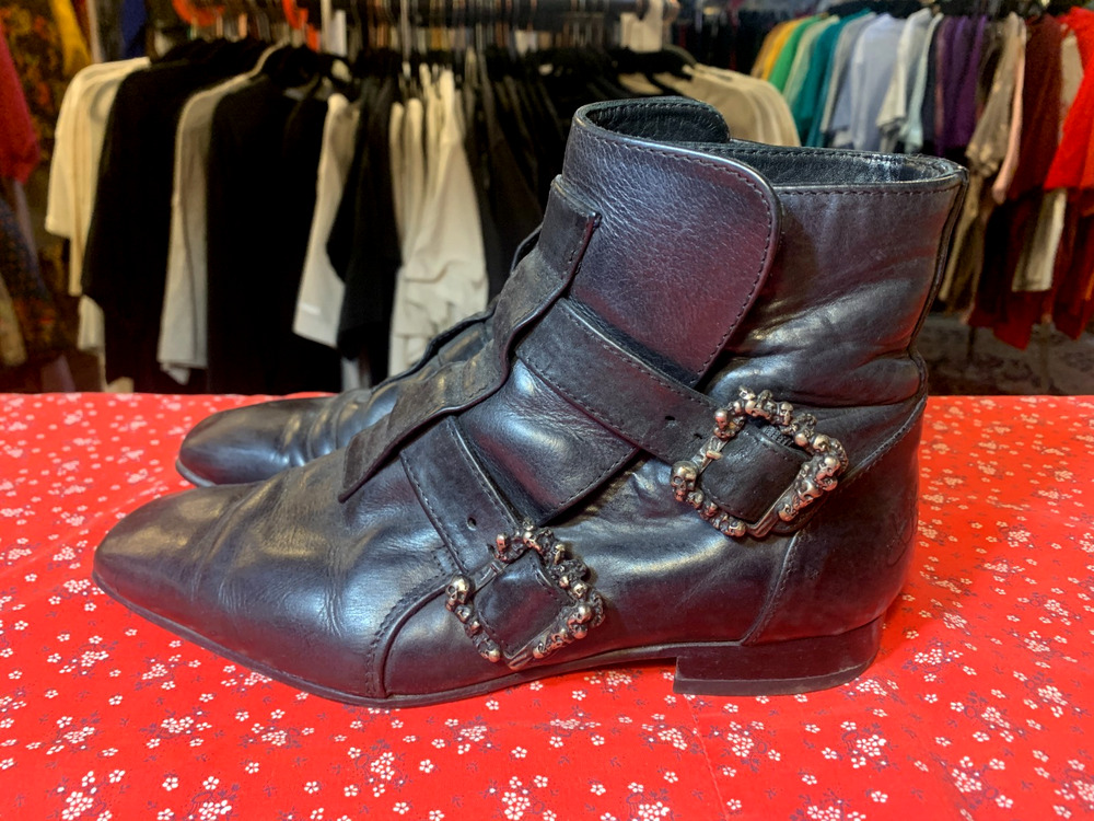 Y2K John Fluevog Sutton Leather Skull Ankle Boots size 8